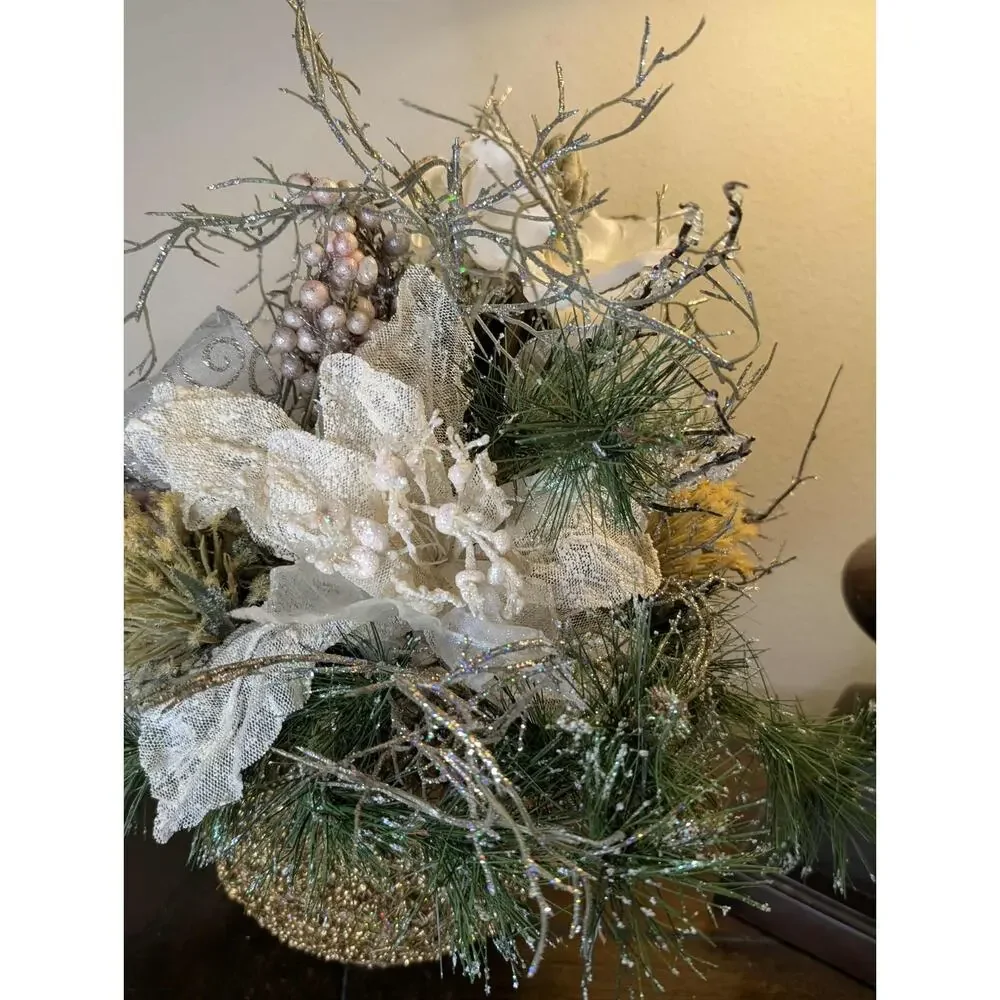 Christmas Fall Floral Arrangement Dining Home Centerpiece Gold Beaded Silver